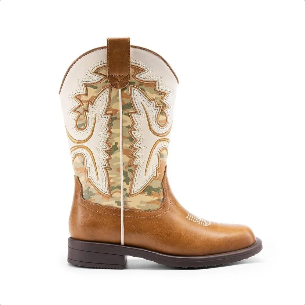 ⚡Girls Camel Cowboy Boots Toddler Mid Calf Western Square Toe Riding Boot